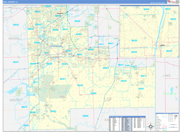 Will County IL Zip Code Wall Map Basic Style By MarketMAPS MapSales Will Il 