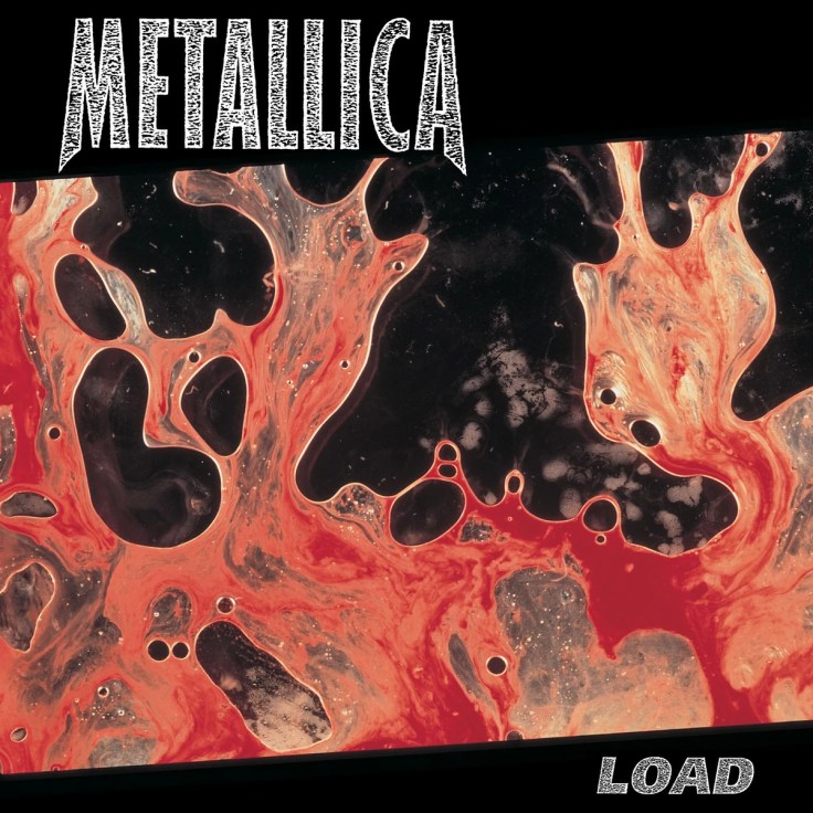 Abstract art featuring a swirling mix of black and red colors with organic shapes, representing the album cover of Metallica's 'Load'.