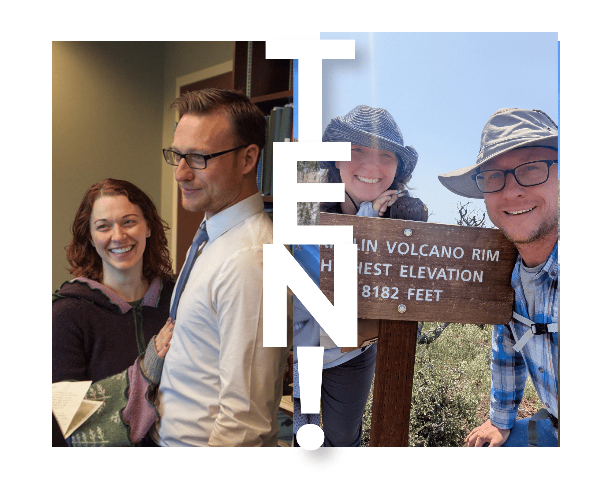 A heterosexual couple are shown on the left at their wedding and on the right is a photo of them 10 years later at the Capulin Volcano in New Mexico.