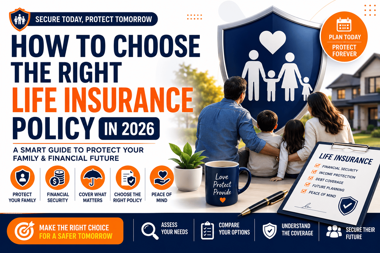 How to choose life insurance policy in 2026 with family protection shield, insurance documents, and financial planning illustration