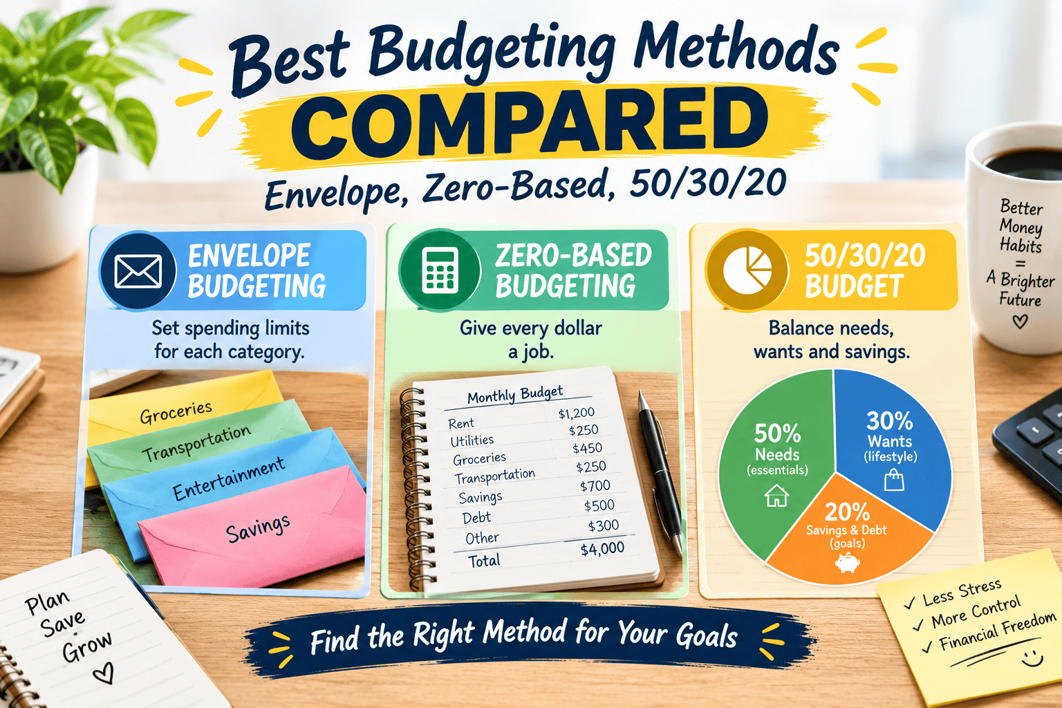 Best budgeting methods compared including envelope, zero-based, and 50/30/20 budgeting