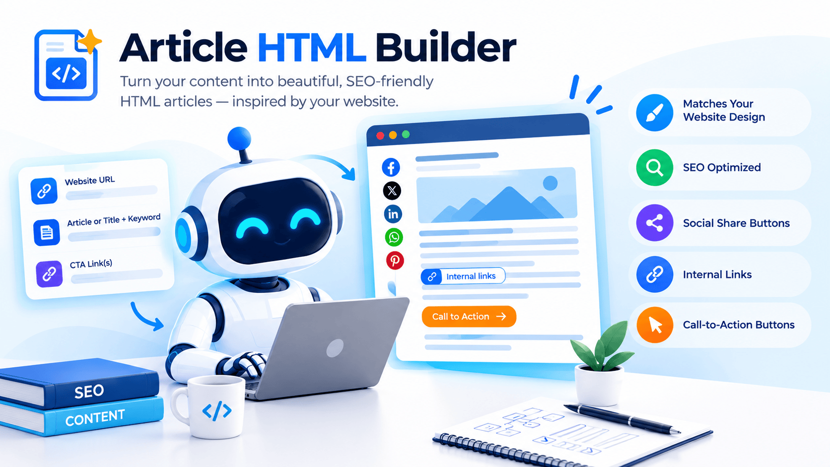Article HTML Builder AI skill generating a structured blog article with social sharing links and CTA buttons.