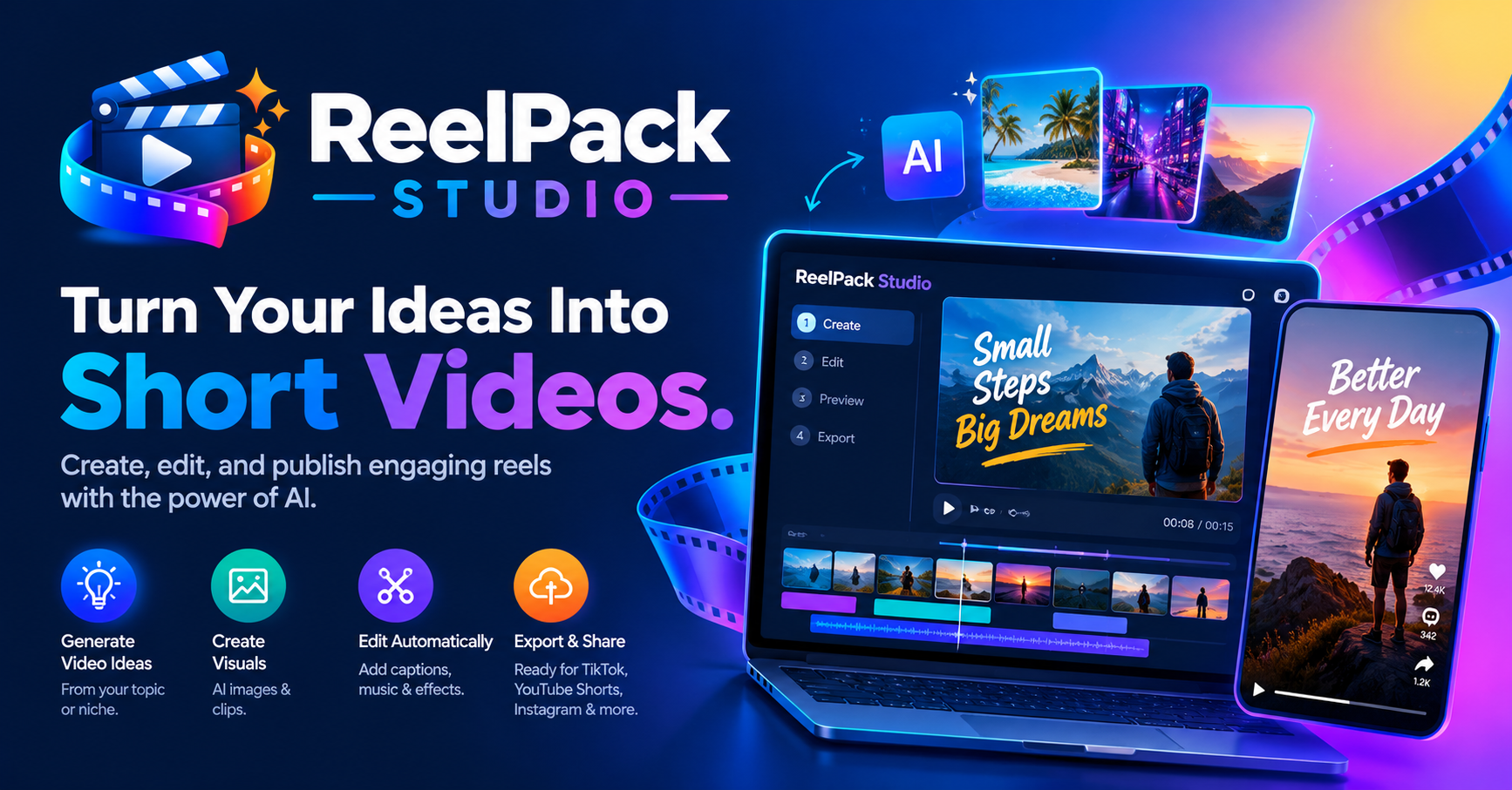 ReelPack Studio AI short-video production workspace with a video script, visual prompts, editing timeline, and social media preview.