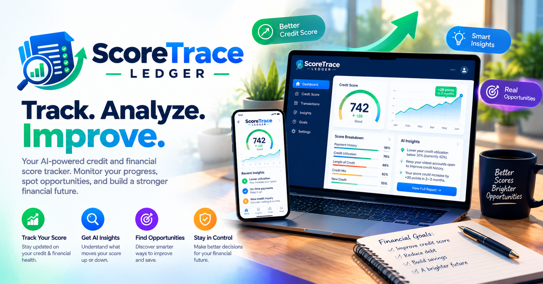 ScoreTrace Ledger forecasting dashboard with a tamper-evident record, forecaster performance charts, and weighted consensus analysis.