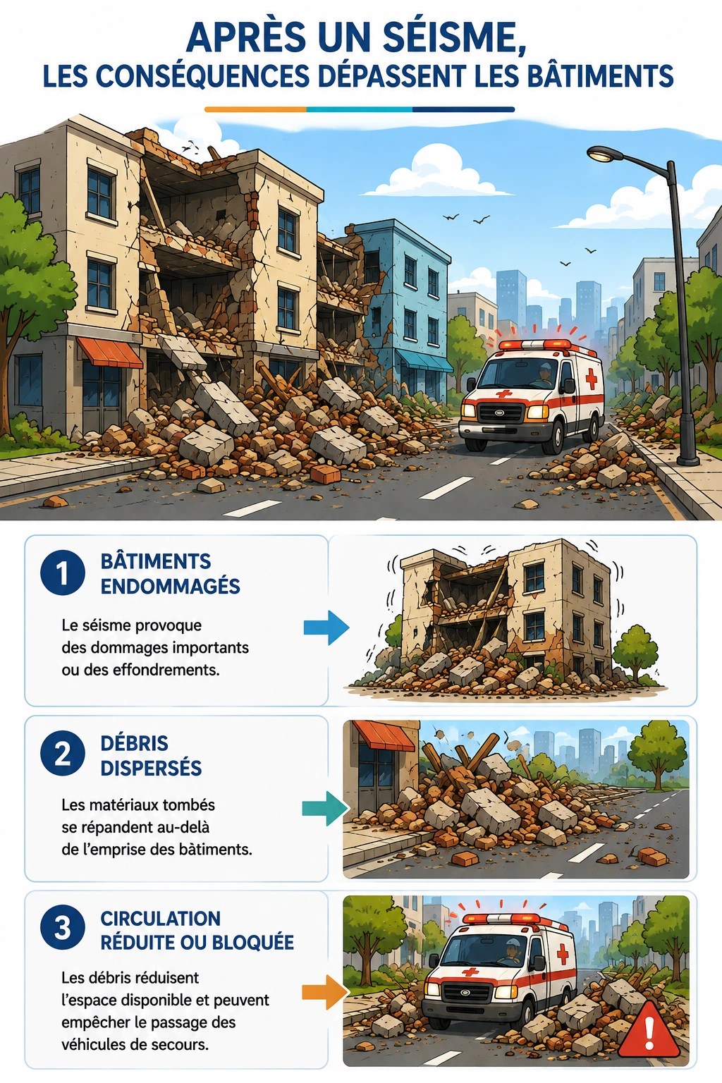 Illustration montrant comment les dommages aux bâtiments après un séisme peuvent produire des débris et réduire ou bloquer la circulation des véhicules de secours.