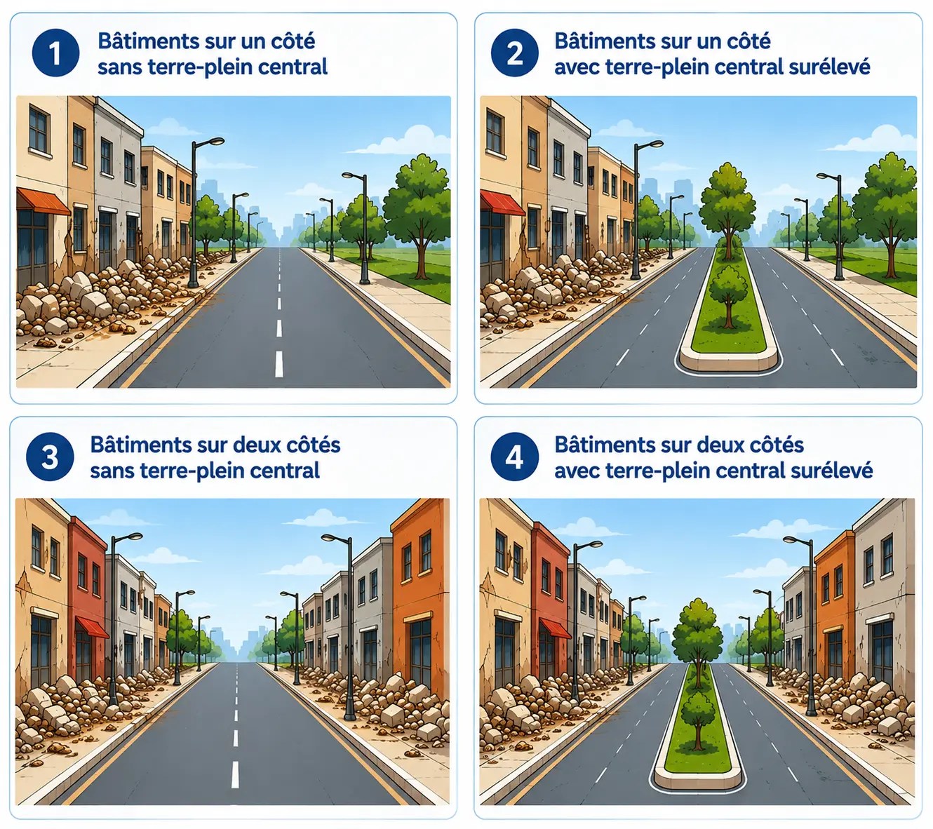 Illustration des quatre configurations de rues considérées pour évaluer le blocage par les débris après un séisme.