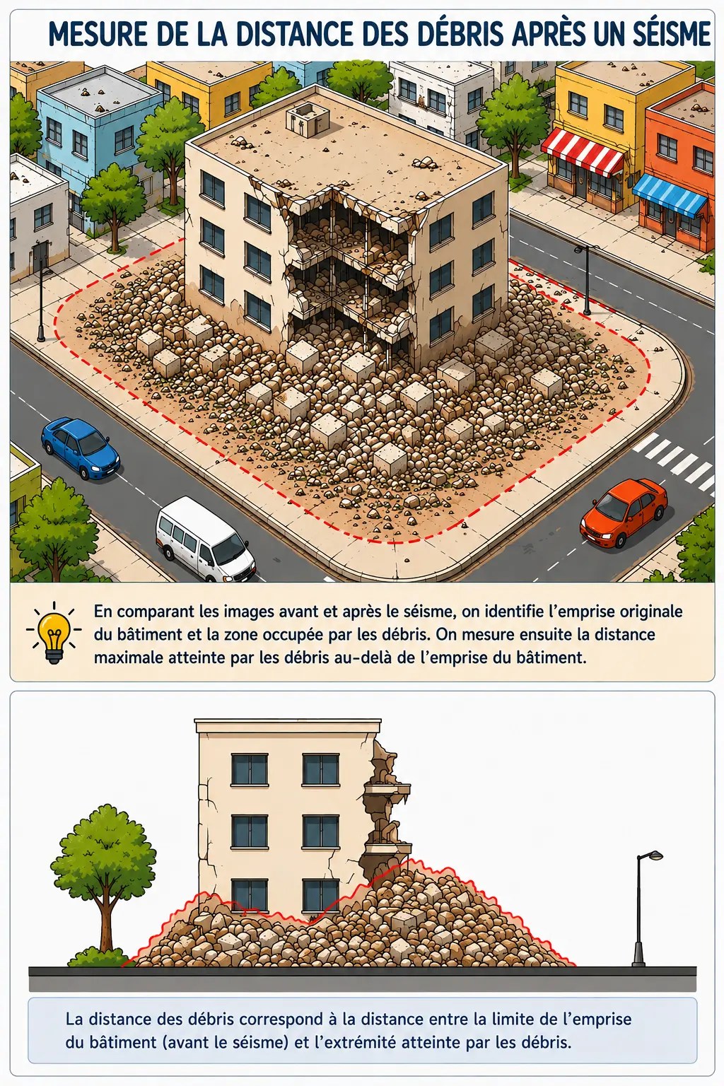 Illustration de la mesure de la distance des débris après un séisme.