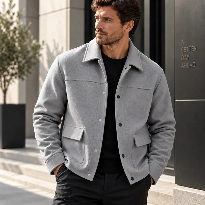 Men's Short Brushed Shirt Jacket Long Sleeve Snap Button Loose Fit Soft Warm Casual Outerwear for Everyday Wear Autumn Winter