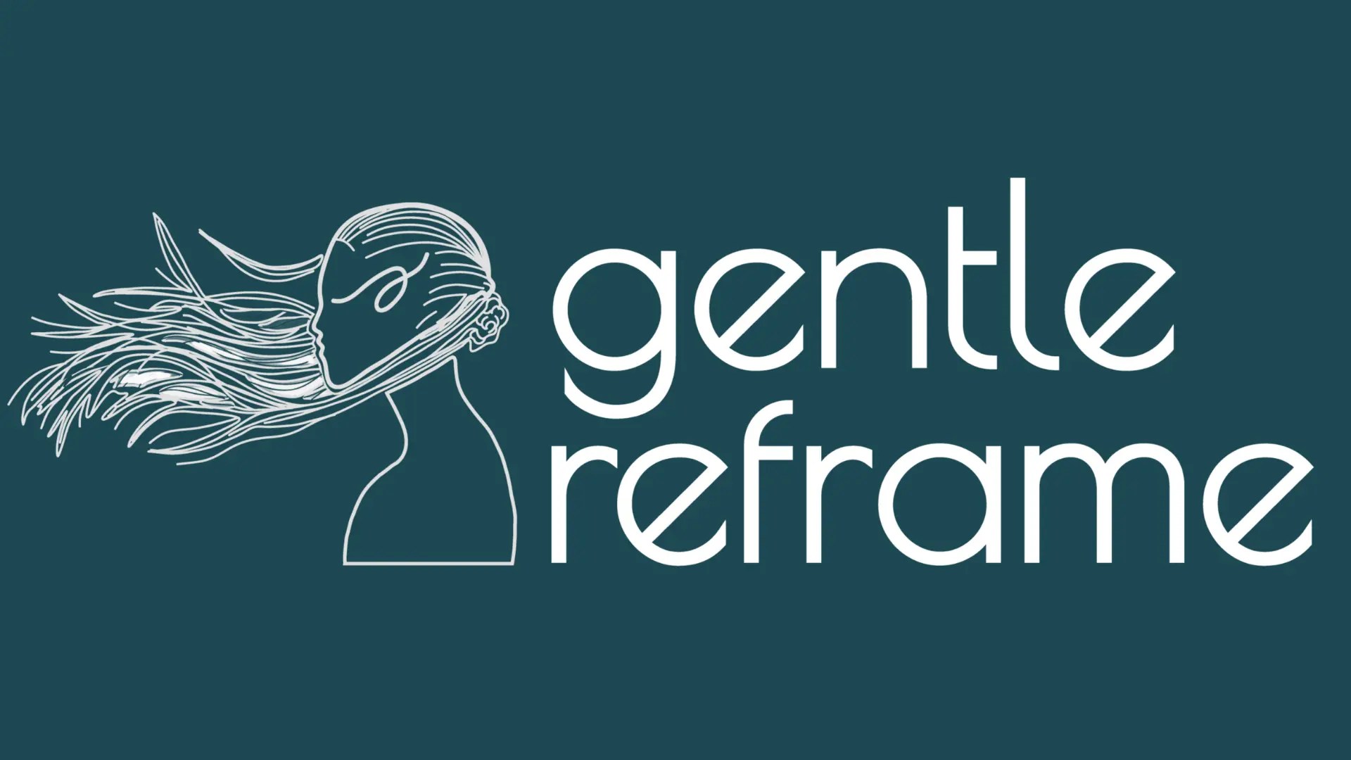 Gentle Reframe logo featuring a minimalist silhouette of a woman with flowing hair beside modern lowercase text spelling “gentle reframe”