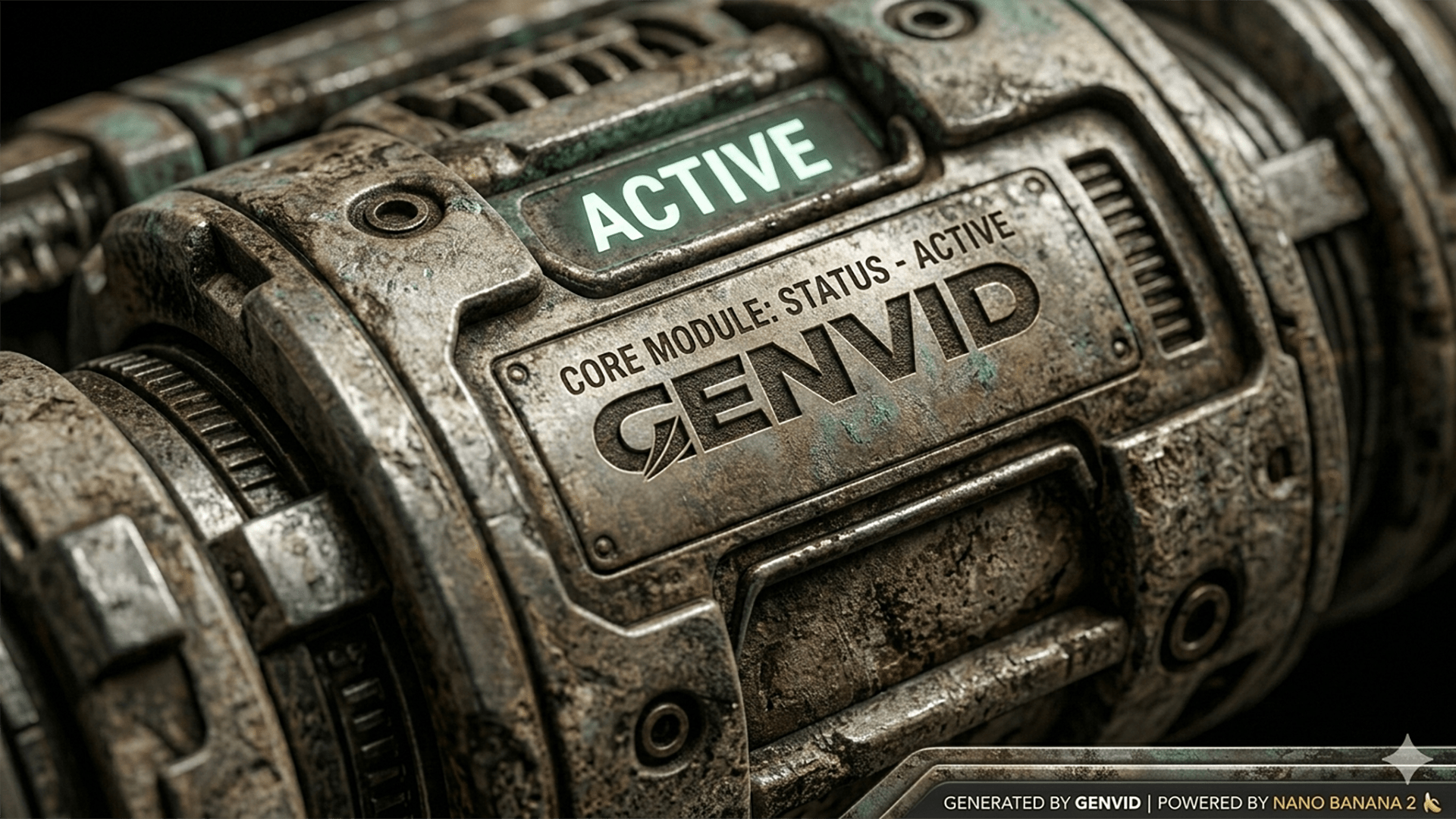 A hyper-detailed close-up of a weathered, metallic sci-fi component, featuring an illuminated green "ACTIVE" status display and the engraved Genvid logo. The rugged texture emphasizes professional-grade AI production power.