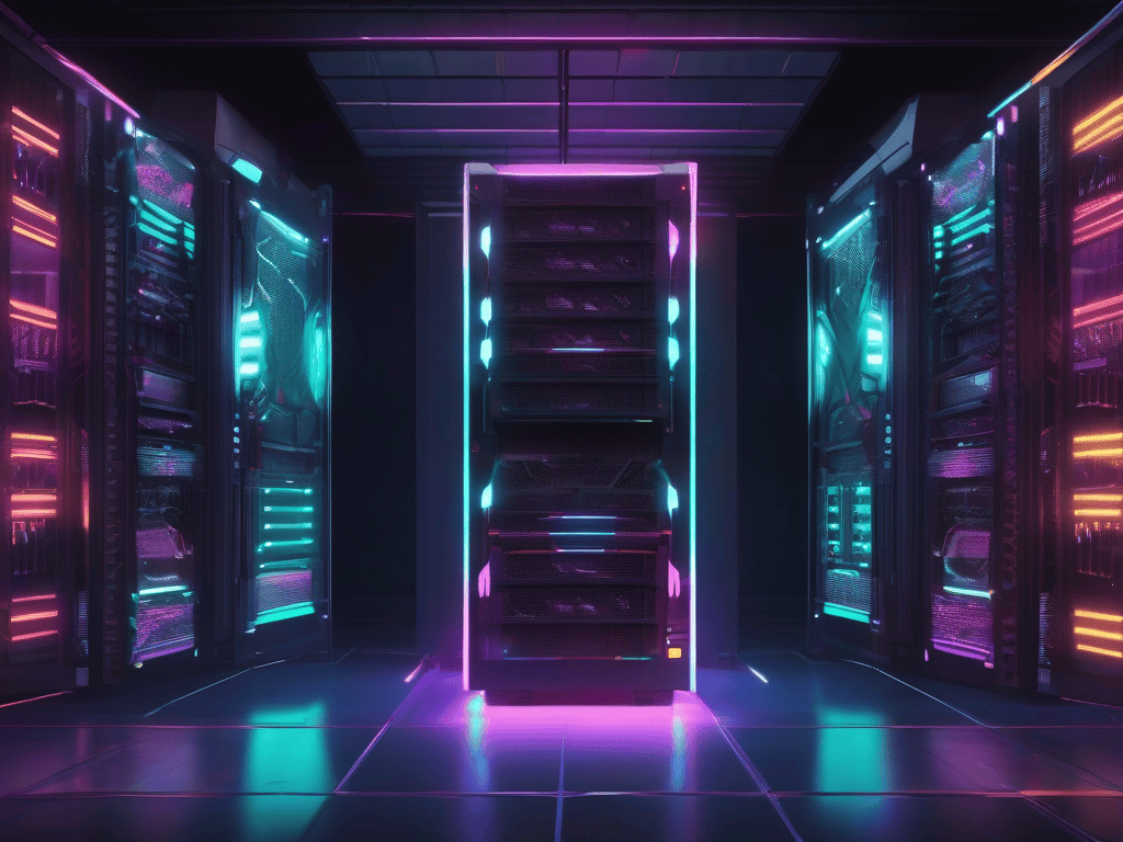 A professional server rack with glowing GPU cards and cooling fans, representing high-end hardware for AI computation.