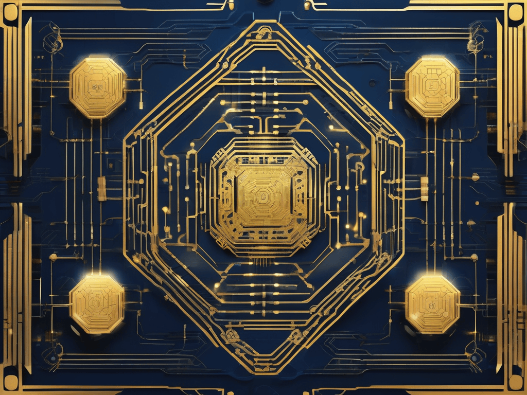 Futuristic AI chip with glowing neural network pathways and golden geometric patterns representing Alibaba's Qwen 4 architecture.