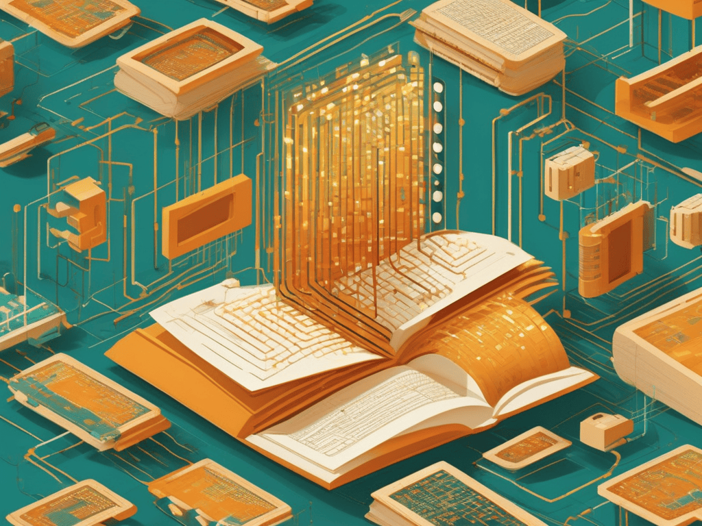 A stylized open book transforming into glowing digital code blocks, representing open-source large language models.