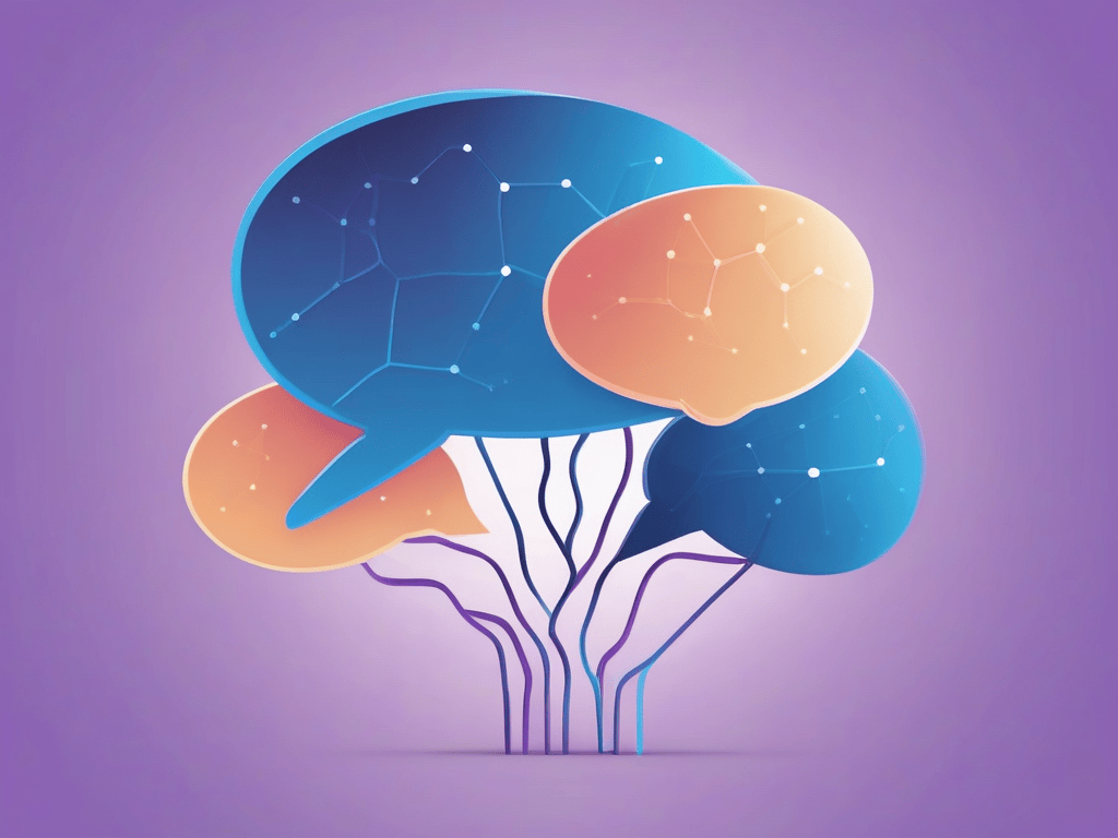 A minimalist brain icon made of interconnected digital nodes and speech bubbles, representing the concept of a large language model.