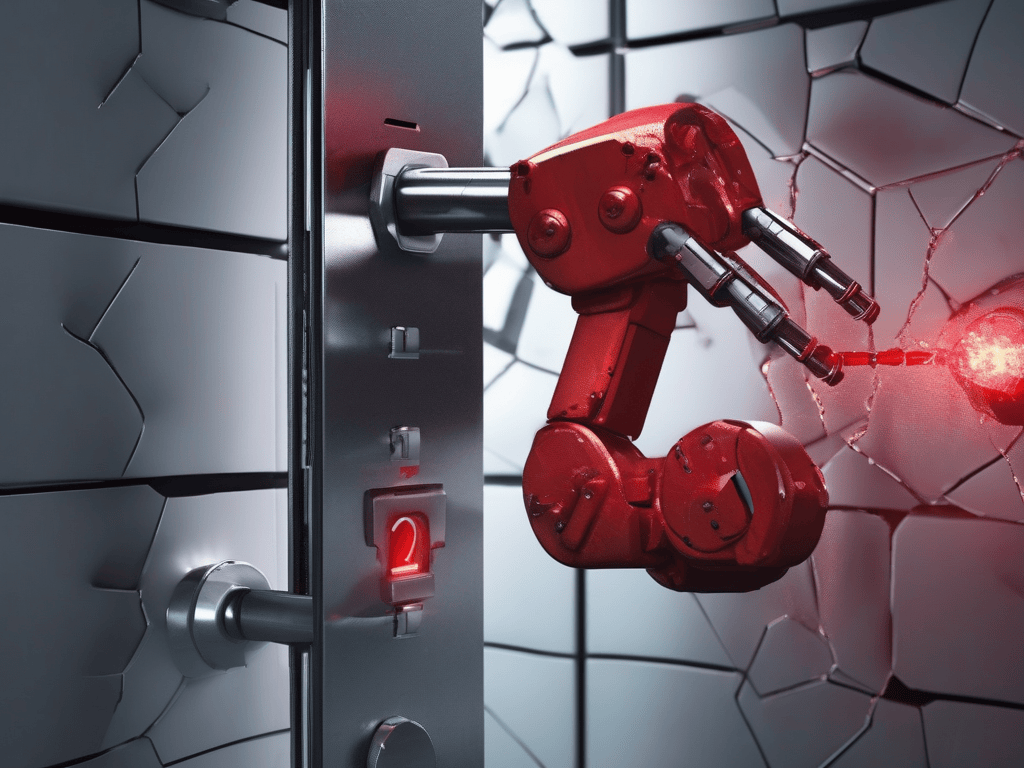 A digital lock being picked by a robotic hand with dramatic lighting, representing cybersecurity threats in the age of AI agents.