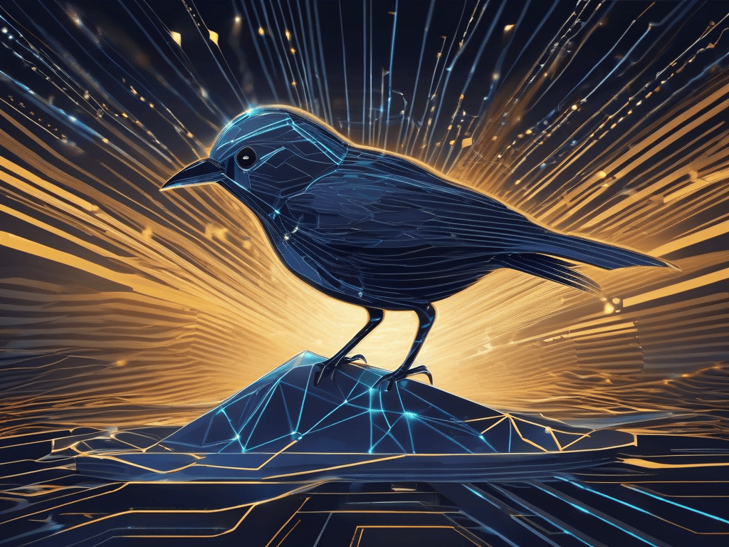 Kolibri bird perched on glowing AI chip with data streams