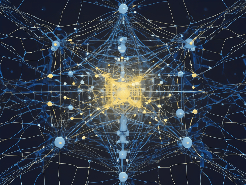 Neural network decision node glowing blue with branching paths