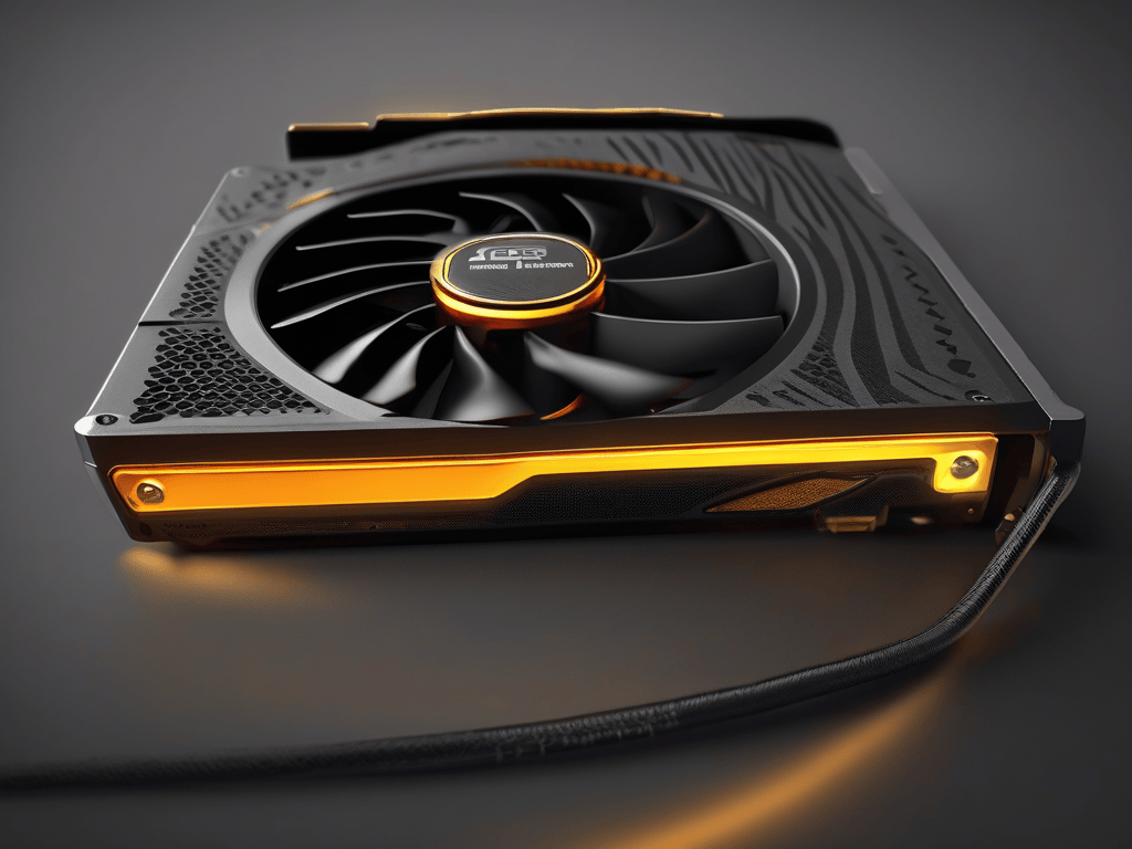 Consumer GPU on a dark workbench fed by an amber power cable through a plug-in power meter, illustrating tokens per watt under a power cap