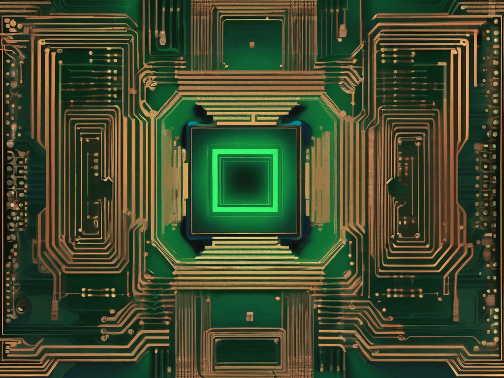 A GPU die on a circuit board surrounded by stacked memory modules with wide copper traces radiating outward