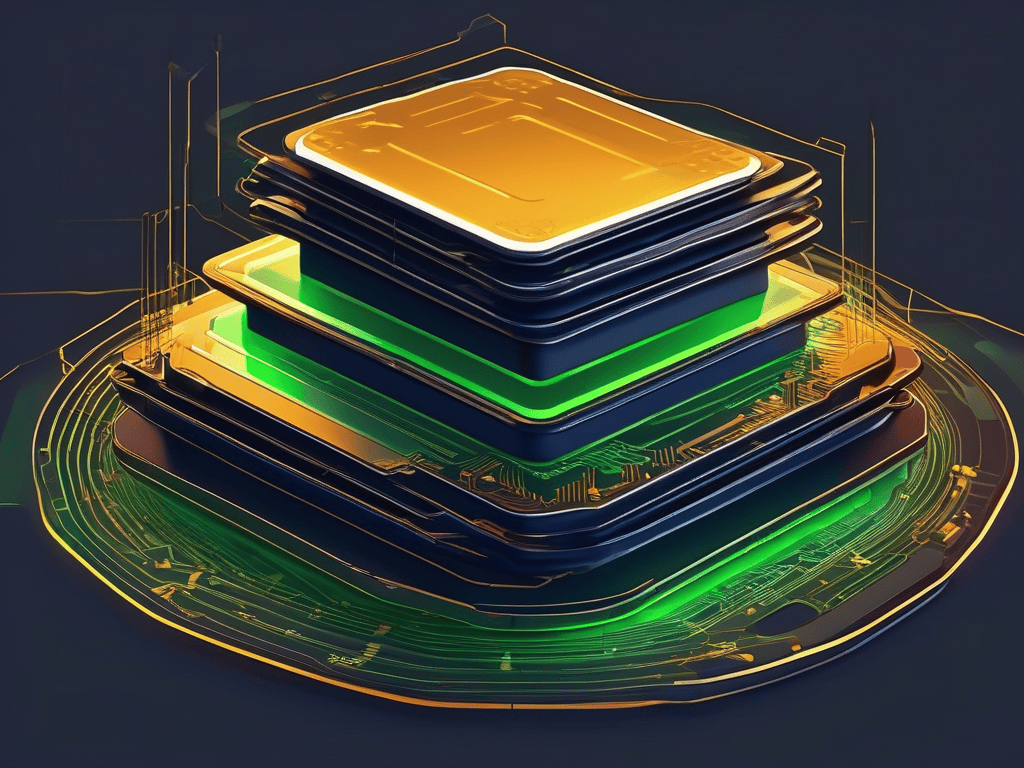 A stacked memory die pile on a circuit board with an amber data path to a separate compute chip