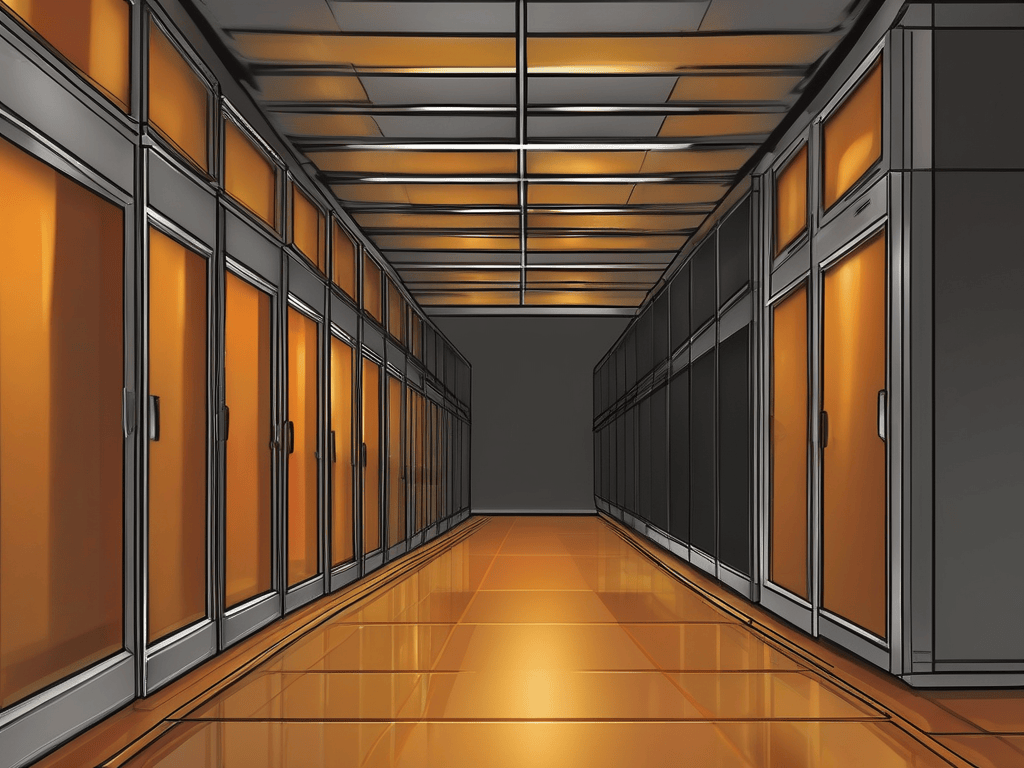 Dark data center corridor in one-point perspective with amber light at the far end