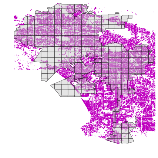 r-tree spatial index with python geopandas: Los Angeles, California city boundary subdivided and with street intersections