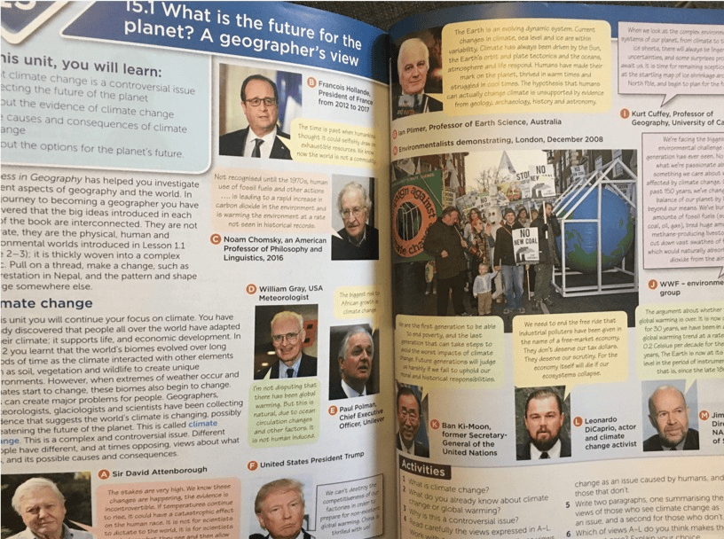 A page from an educational book discussing climate change, featuring portraits and quotes from various experts and activists, including politicians and scientists. The background includes images of environmental protests and Earth advocacy.