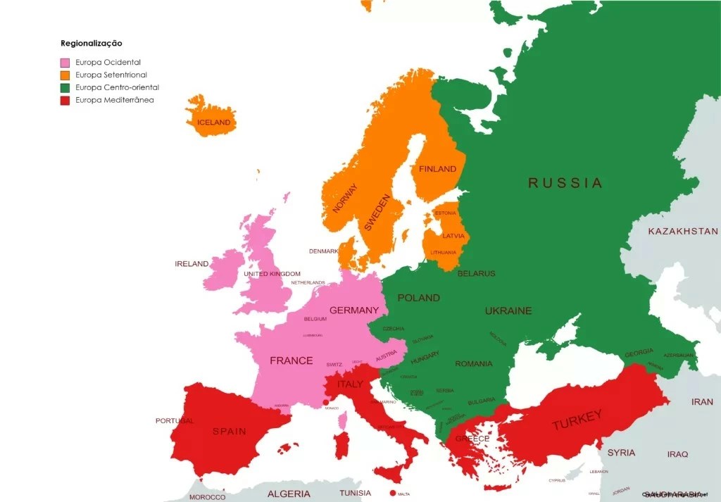 mapa regionalização do continente europeu