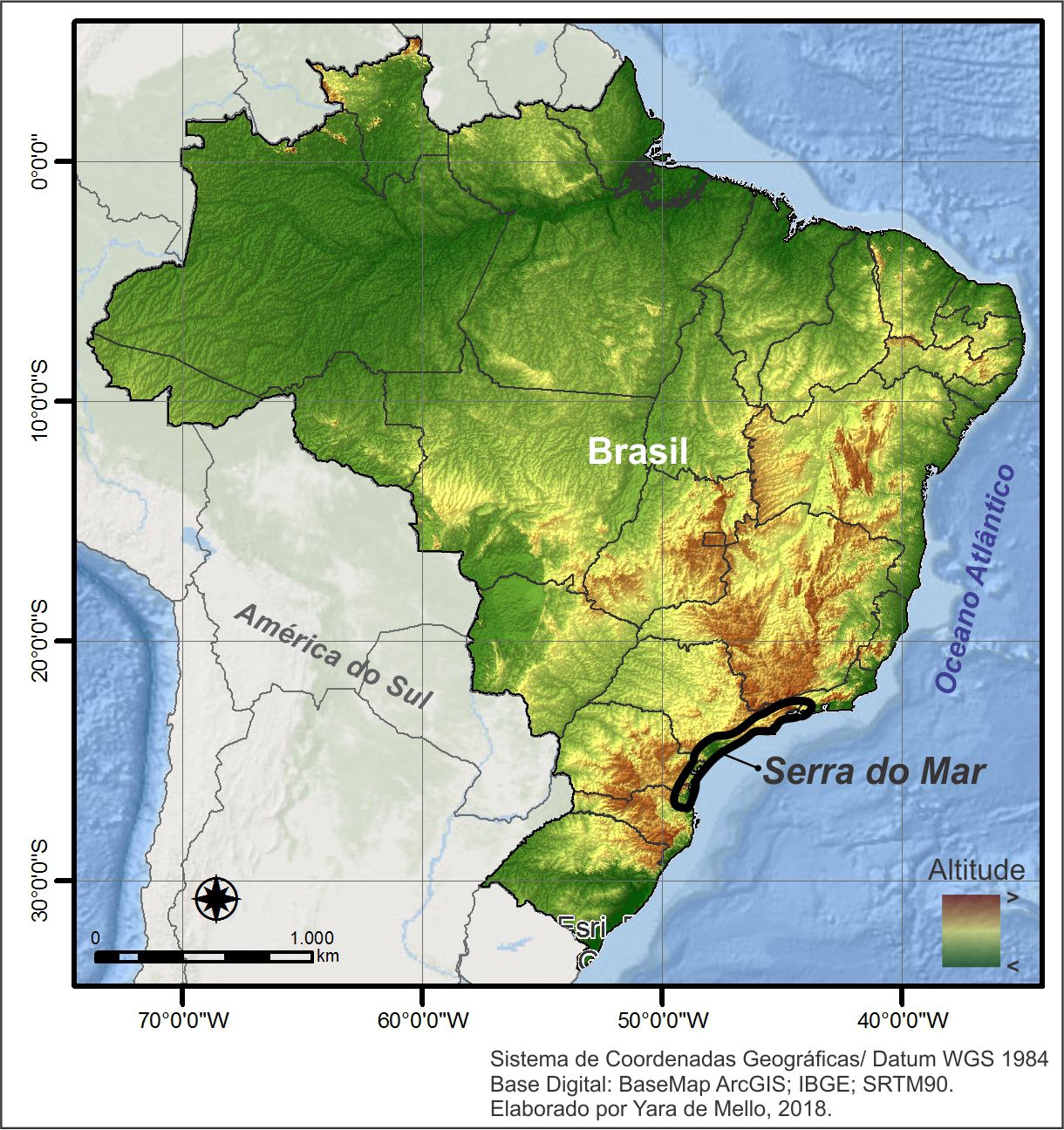 Localização geográfica da Serra do Mar, Brasil. Elaborado por Yara de