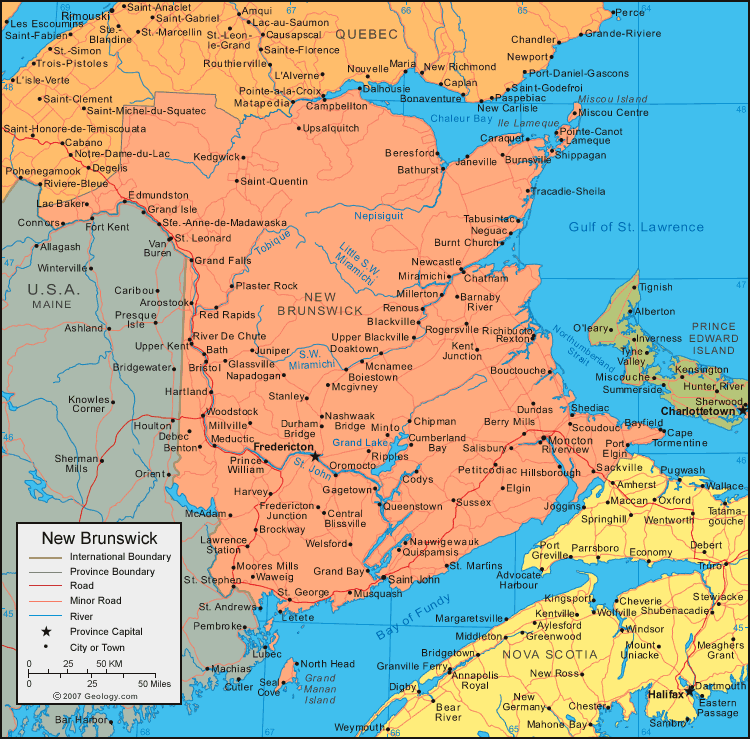 New Brunswick Map Satellite Image Roads Lakes Rivers Cities.