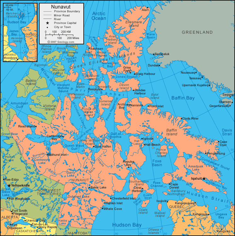 Nunavut Map Satellite Image Roads Lakes Rivers Cities Nunavut Map 