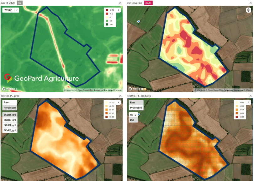 Four data layers of one field compared in GeoPard: vegetation index, zones map, EC and compaction