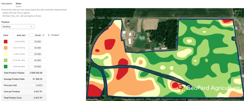 Variable rate seeding map in GeoPard with seeding rates per management zone