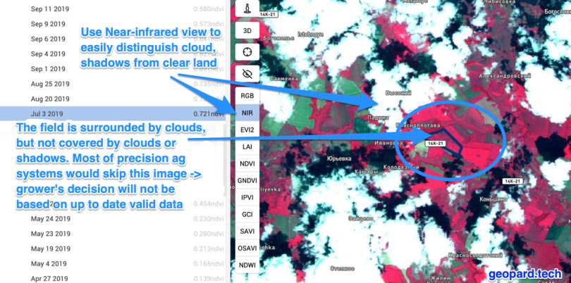 GeoPard cloud and shadow detection keeps a clear field image usable when the surroundings are cloudy