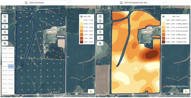 Soil lab results mapped in GeoPard: two nutrient layers interpolated across the field