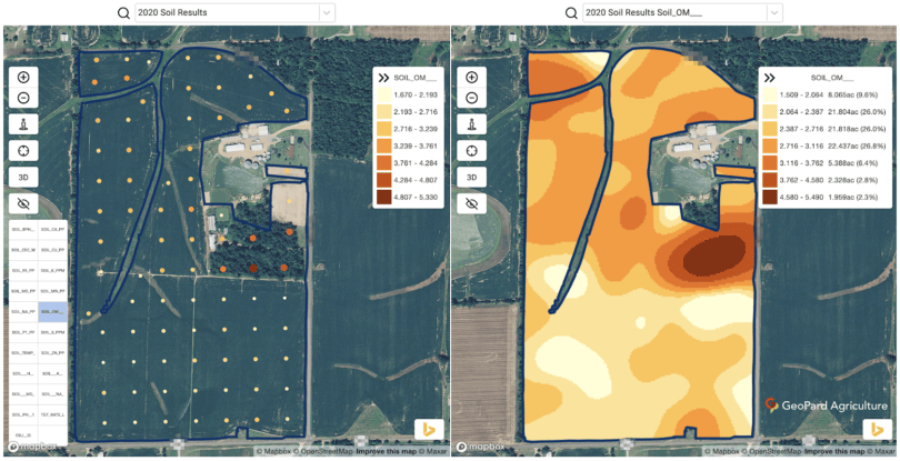 Soil lab results mapped in GeoPard: two nutrient layers interpolated across the field