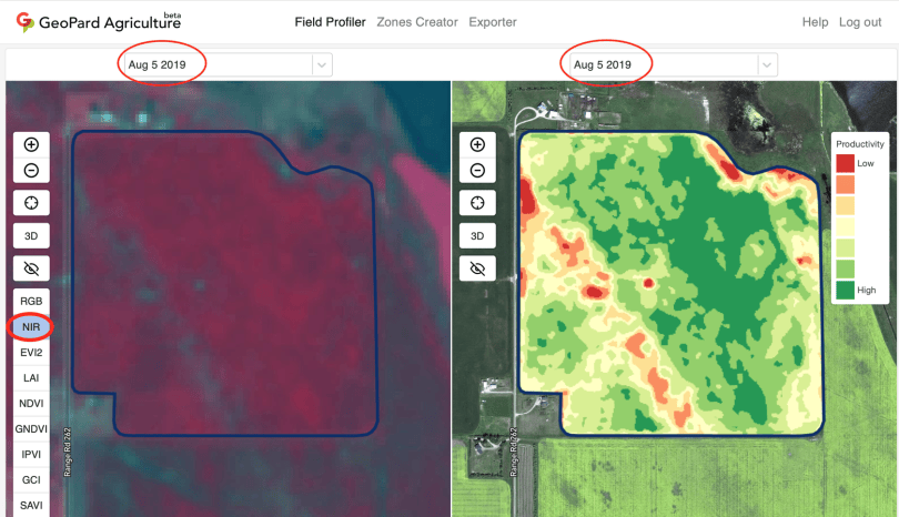 Side-by-side view in GeoPard: near-infrared image and productivity zones for the same field