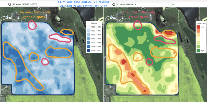 27 years of satellite history in GeoPard showing the most variable and the most stable field zones