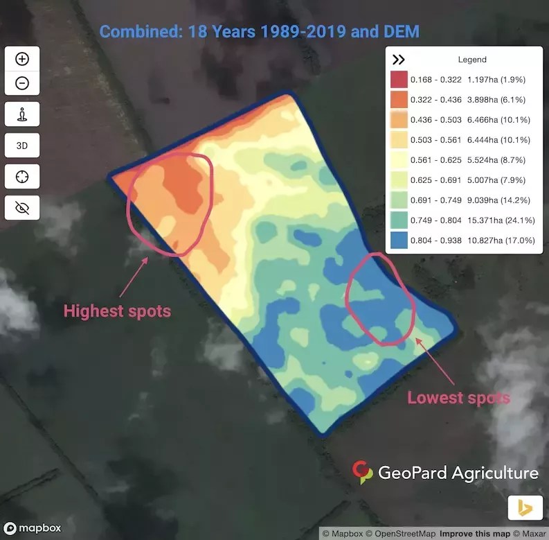 Combined historical and DEM map: DEM map shows highest and lowest spots