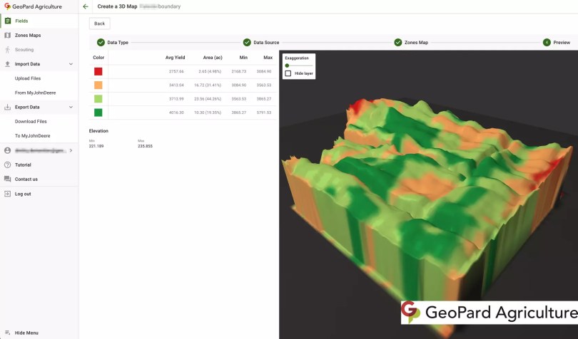 3D field model in GeoPard with the yield map draped over elevation