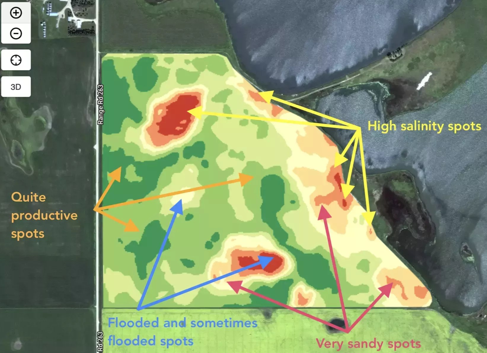 map shows productive and problem zones: flooded, sand and salinity spots are marked