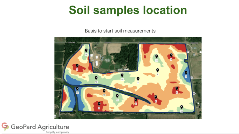 Soil sampling plan in GeoPard: sample points placed on a field potential zones map