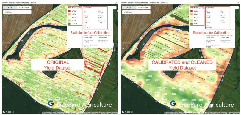 Original harvester yield dataset next to the cleaned and calibrated version in GeoPard