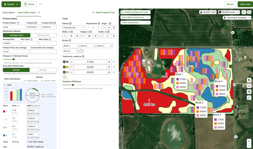 Checkerboard trial layout in GeoPard with blocks of different seeding rates