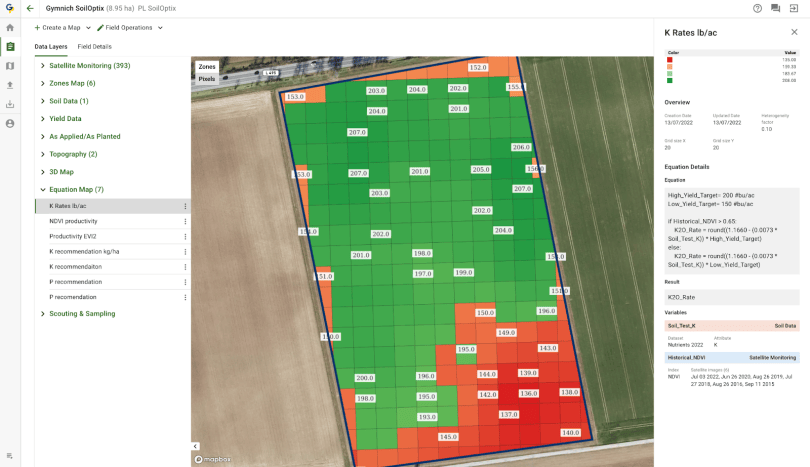 Variable rate potassium map in GeoPard with rates per grid cell
