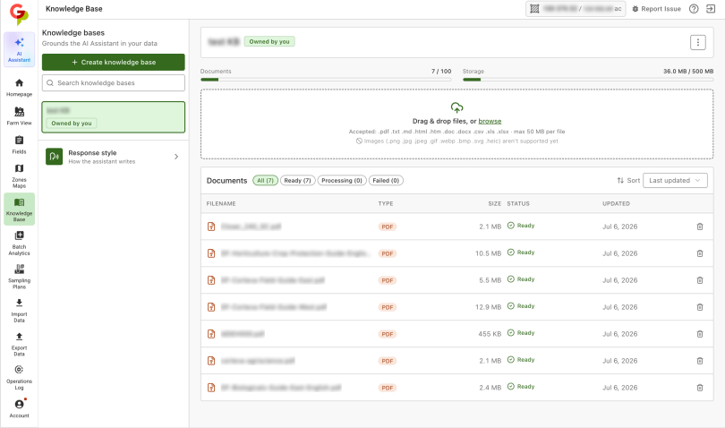 Custom knowledge base in the GeoPard AI Assistant with uploaded agronomy documents
