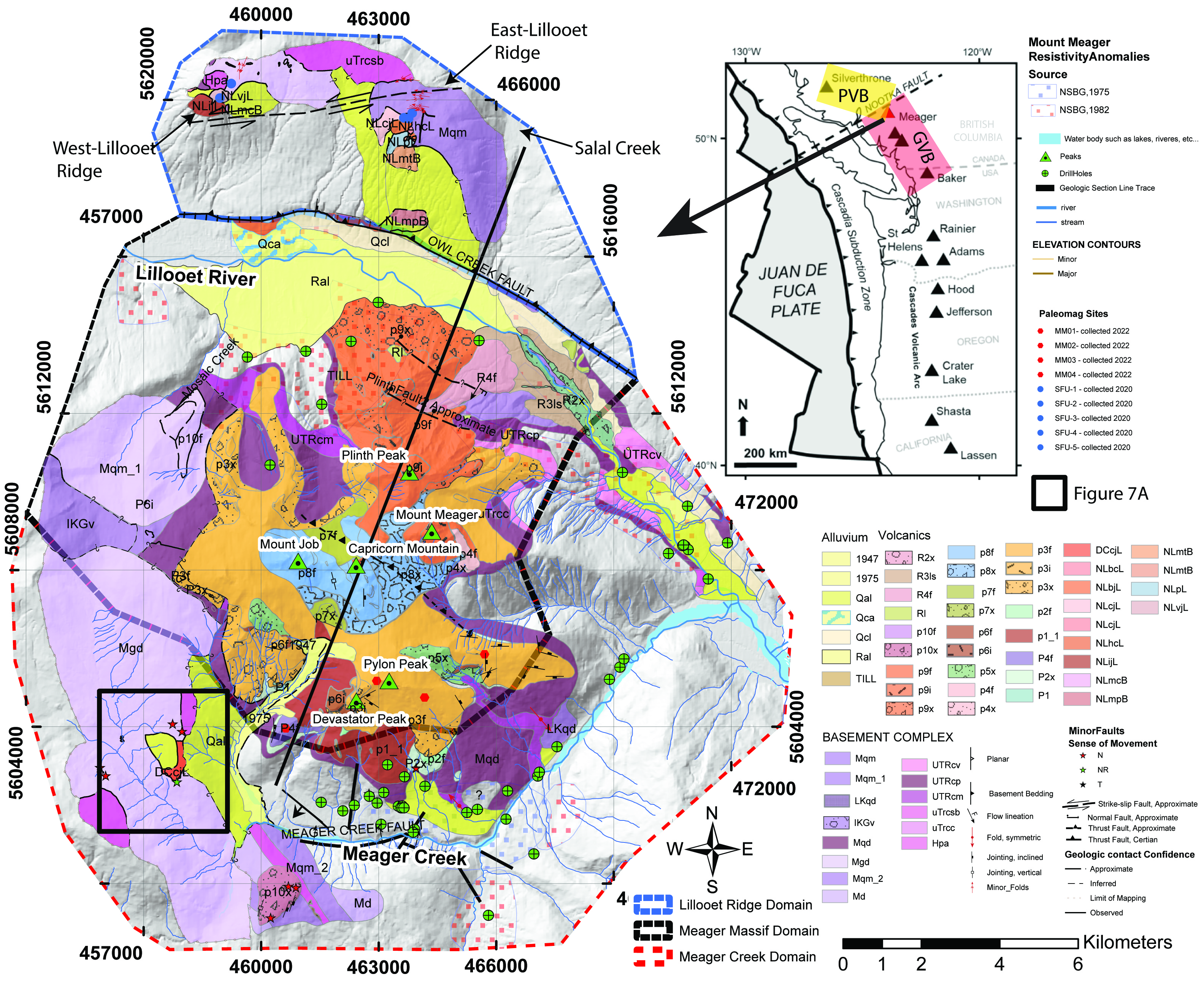Location and simplified geology of the Mount Meager Volcanic Complex (MMVC)