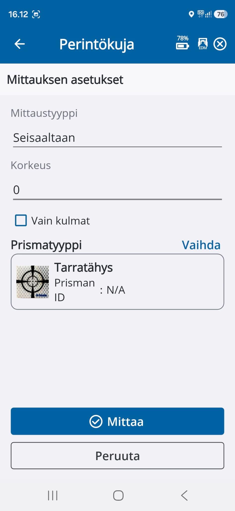 Ruutukaappauskuva Trimble Siteworks Setup sovelluksesta