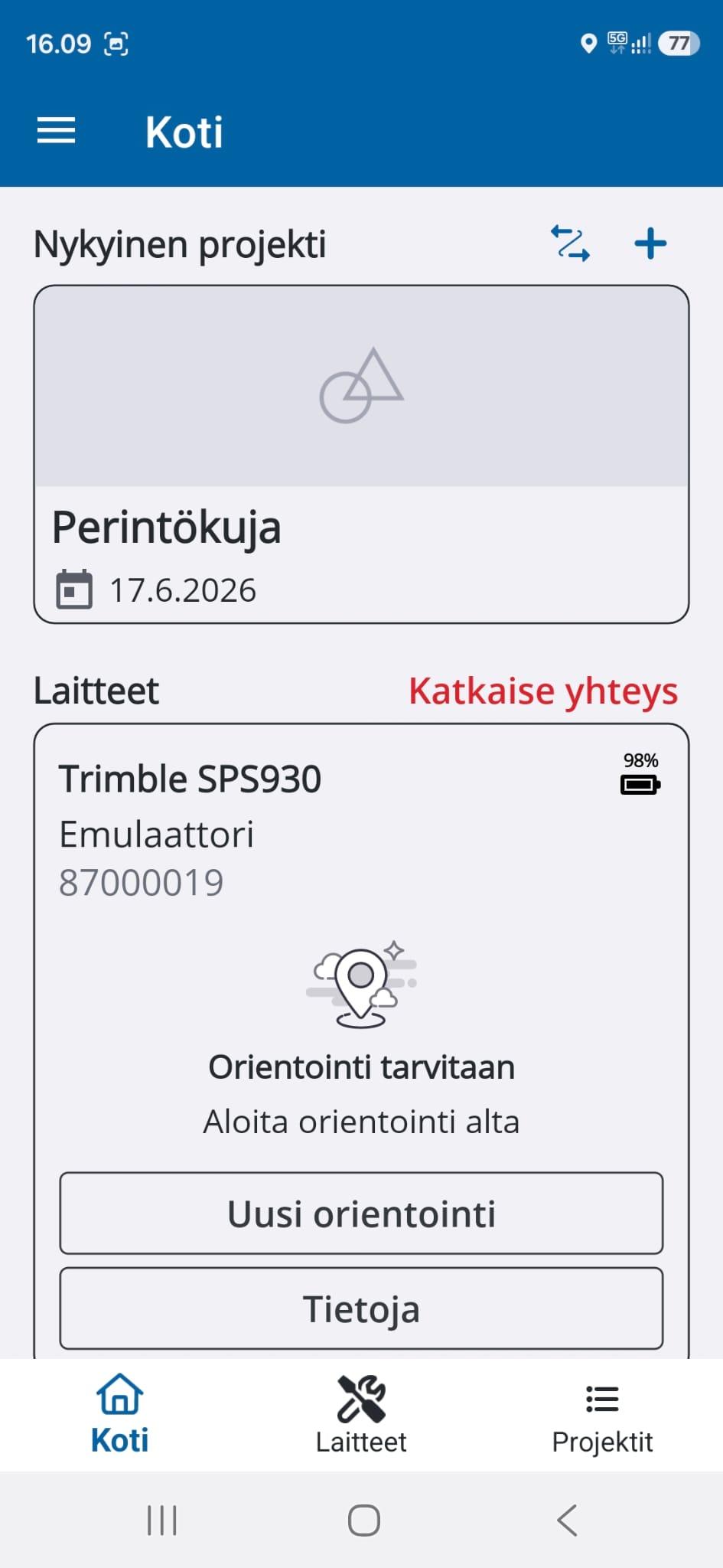Ruutukaappauskuva Trimble Siteworks Setup sovelluksesta