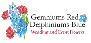 Geraniums Red, Delphiniums Blue